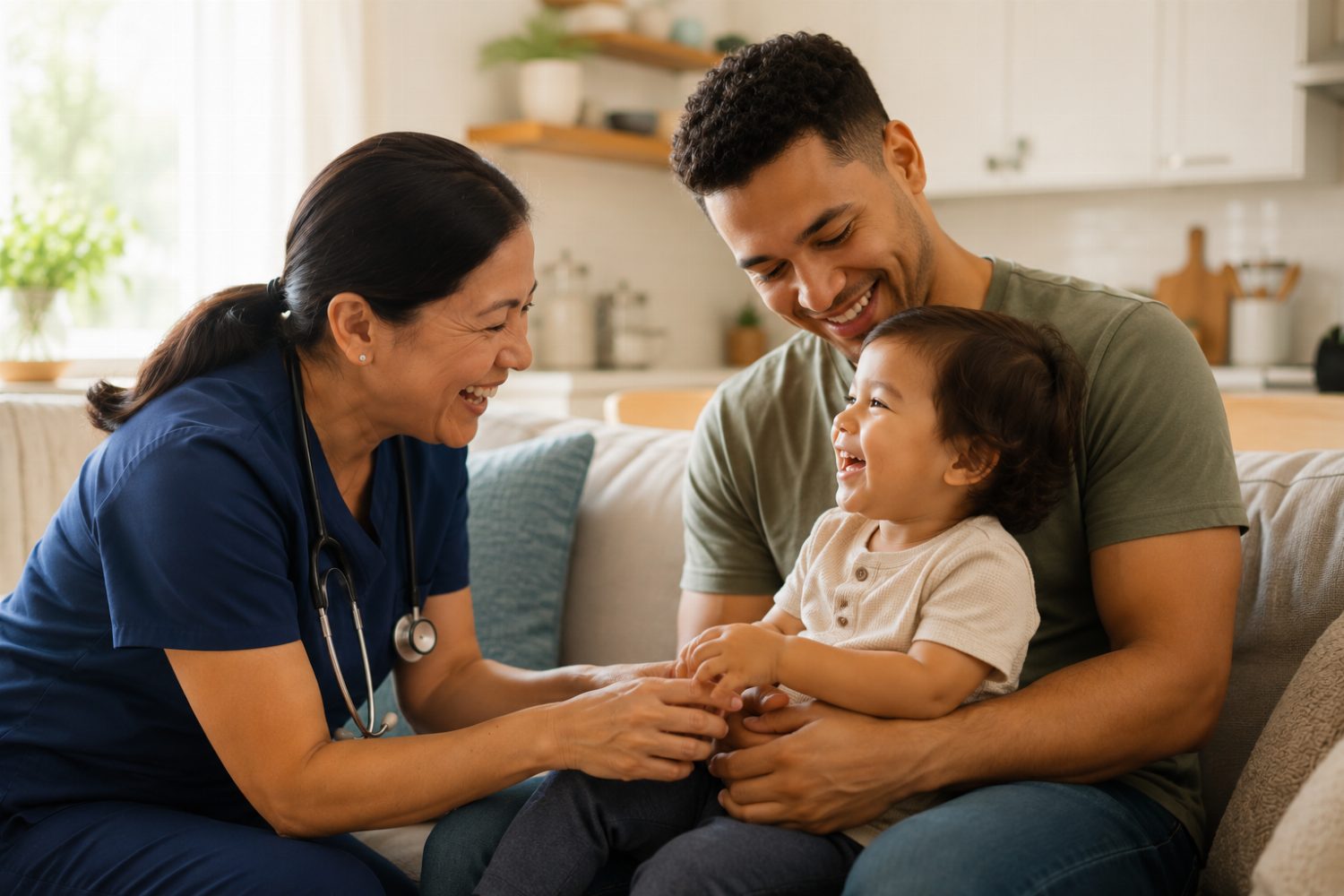 A Be Well Pediatrics nurse sharing a joyful moment with a family at home