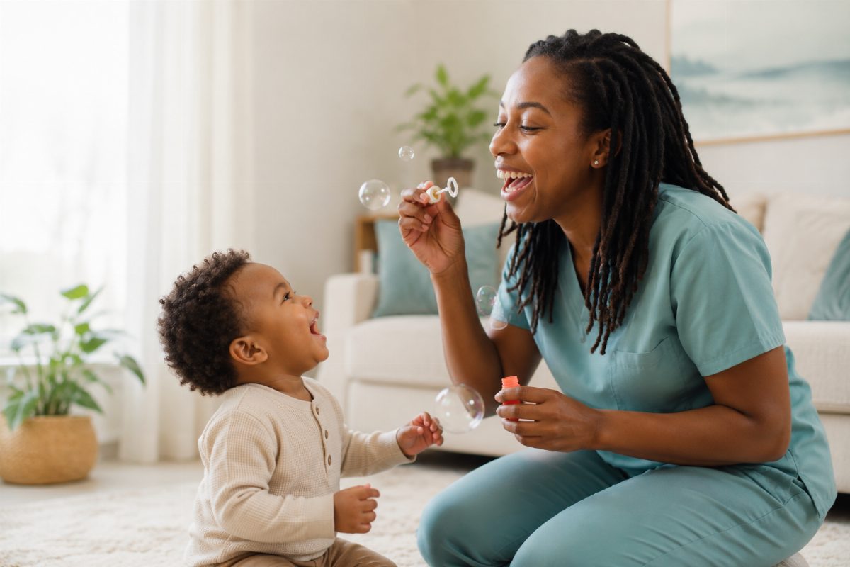 A Be Well Pediatrics nurse smiling and playing with a happy child during a home visit