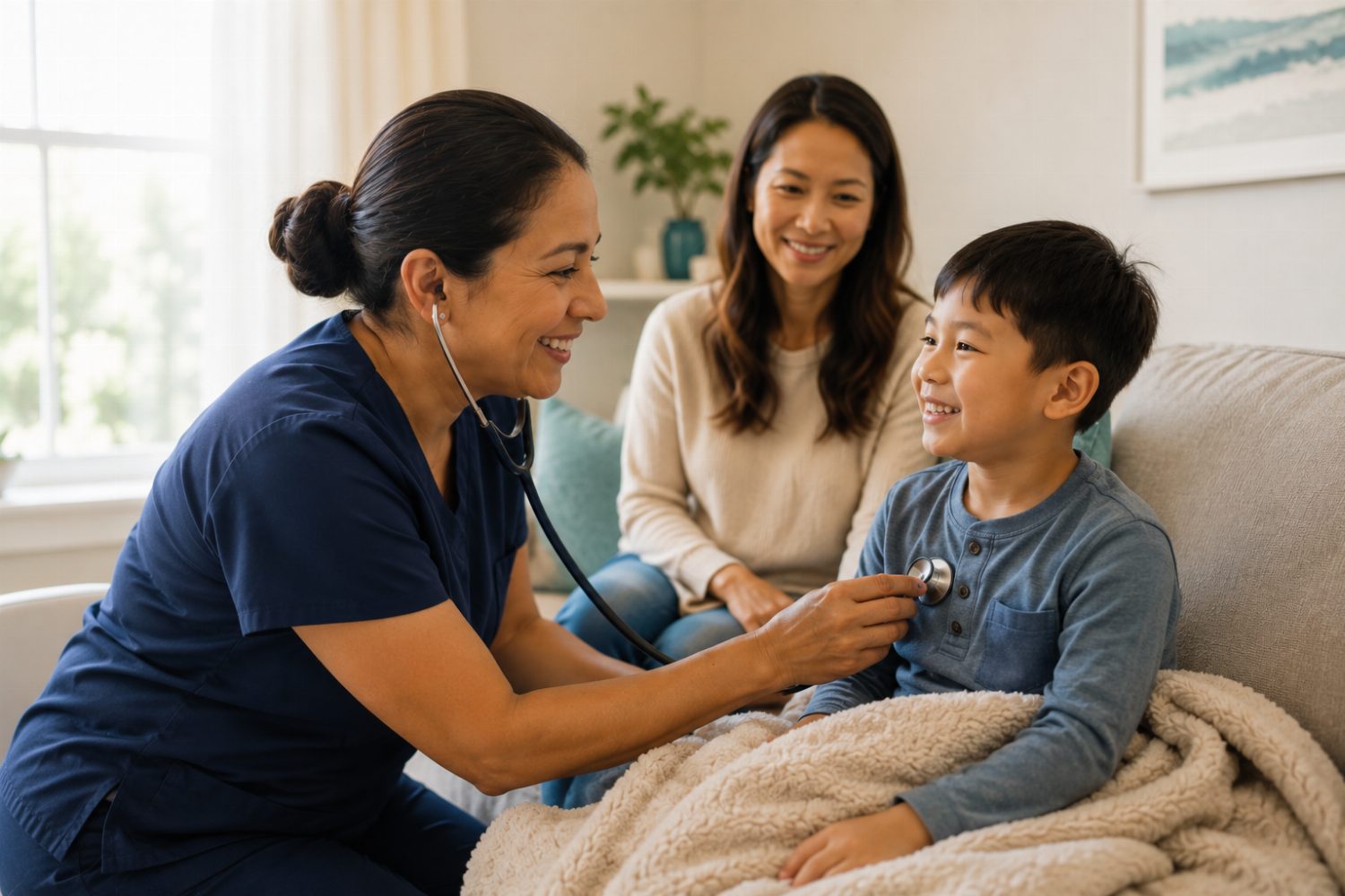 A Be Well Pediatrics nurse gently checking on a child at home while a parent looks on