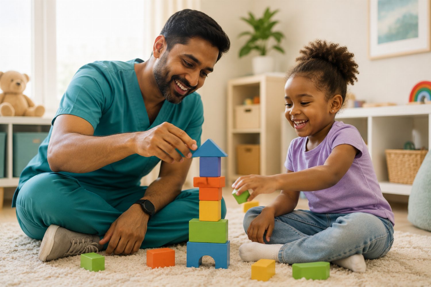 A Be Well Pediatrics therapist doing play-based therapy with a child at home